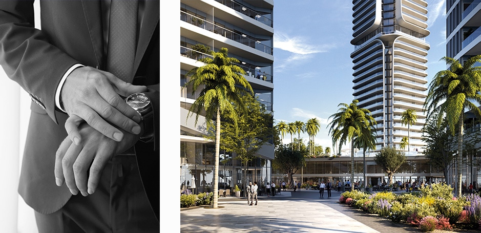 A man in a suit looking at his watch, paired with a plaza surrounded by three towers, with people walking around and palm trees.