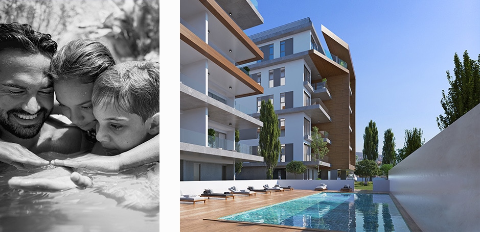 Father, daughter and son play in pool, paired with CGI of Aktea Residences with large pool and decking area.