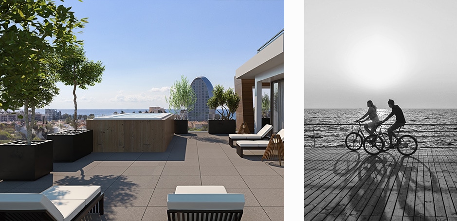 View out to sea from a balcony of Aktea Residences 2 with deck chairs and a hot tub